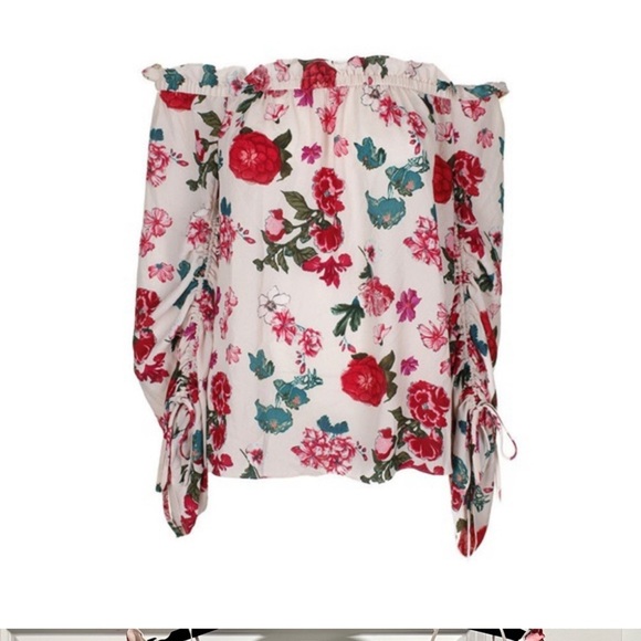 Vince Camuto pink floral off the shoulder ruched long sleeve blouse - Picture 1 of 8
